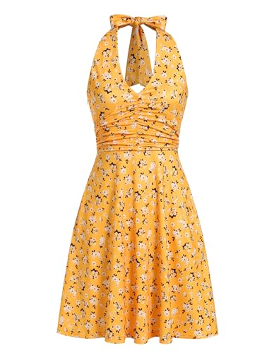IDOPIP Ärmellos Cocktailkleider Damen Rückenfrei Neckholder Kleid Sommerkleid Boho Freizeitkleid mit Taschen V-Ausschnitt A-Linie Strandkleid Elegant Abendkleid Hochzeit Festlich Urlaub gelb XXL von IDOPIP