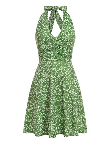 IDOPIP Ärmellos Cocktailkleider Damen Rückenfrei Neckholder Kleid Sommerkleid Boho Freizeitkleid mit Taschen V-Ausschnitt A-Linie Strandkleid Elegant Abendkleid Hochzeit Festlich Urlaub grün L von IDOPIP
