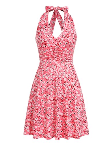 IDOPIP Ärmellos Cocktailkleider Damen Rückenfrei Neckholder Kleid Sommerkleid Boho Freizeitkleid mit Taschen V-Ausschnitt A-Linie Strandkleid Elegant Abendkleid Hochzeit Festlich Urlaub rosa M von IDOPIP