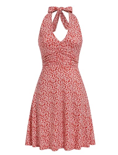 IDOPIP Ärmellos Cocktailkleider Damen Rückenfrei Neckholder Kleid Sommerkleid Boho Freizeitkleid mit Taschen V-Ausschnitt A-Linie Strandkleid Elegant Abendkleid Hochzeit Festlich Urlaub rot XXL von IDOPIP