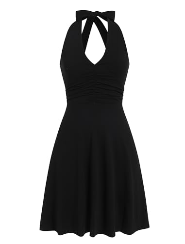 IDOPIP Ärmellos Cocktailkleider Damen Rückenfrei Neckholder Kleid Sommerkleid Boho Freizeitkleid mit Taschen V-Ausschnitt A-Linie Strandkleid Elegant Abendkleid Hochzeit Festlich Urlaub schwarz XXL von IDOPIP