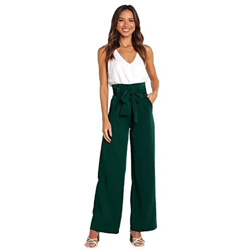 IDOPIP Anzughose Damen Elegante Business Büro Hose Hohe Taille Lang Weite Hose mit Gürt ElastischerLang Weite Sommer Freizeithose Grün M von IDOPIP