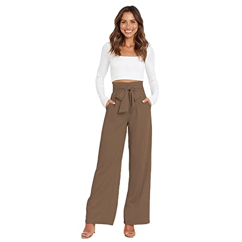 IDOPIP Anzughose Damen Elegante Business Büro Hose Hohe Taille Lang Weite Hose mit Gürt ElastischerLang Weite Sommer Freizeithose Khaki L von IDOPIP