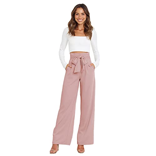 IDOPIP Anzughose Damen Elegante Business Büro Hose Hohe Taille Lang Weite Hose mit Gürt ElastischerLang Weite Sommer Freizeithose Rosa M von IDOPIP