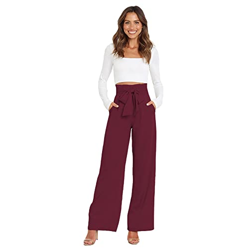 IDOPIP Anzughose Damen Elegante Business Büro Hose Hohe Taille Lang Weite Hose mit Gürt ElastischerLang Weite Sommer Freizeithose Weinrot M von IDOPIP