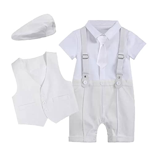 IDOPIP Baby Jungen Bekleidung Set, Junge Gentleman Outfit Strampler + Weste + Hut Fliege 3tlg Taufkleid Junge | Outfit für festliche Anlässe | Geburtstag | Hochzeit Weiß 3-6 Monate von IDOPIP