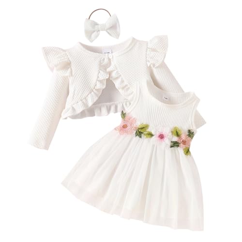 IDOPIP Baby Mädchen 2 Stück Kleid Rüschen Langarm Cardigan und ärmelloses Rippstrickkleid Schleife Stirnband Neugeborene Baby Outfits, weiß, 6-9 Monate IDOPIP Baby Mädchen 2 Stück Kleid Rüschen Langarm Cardigan und ärmelloses Rippstrickkleid Schleife Stirnband Neugeborene Baby Outfits, weiß, 6-9 Monate von IDOPIP