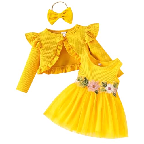 IDOPIP Baby Mädchen Kleid Strickjacke Sets 3 Stück Neugebore Kleidung Mantel+Kleid+Stirnband Frühling Sommer Herbst Winter Langarm Jacke Ärmellos Kleid für Hochzeit Weihnachten gelb 9-12Monate von IDOPIP