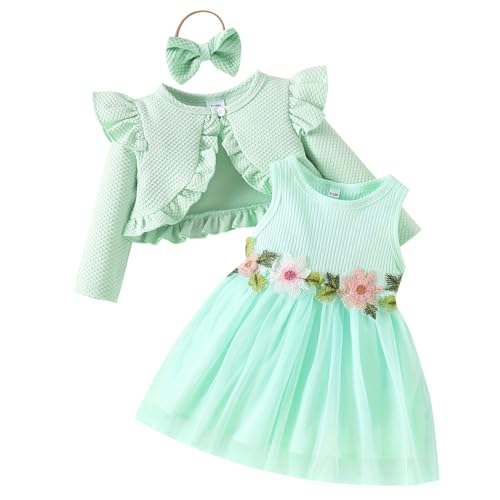IDOPIP Baby Mädchen Kleid Strickjacke Sets 3 Stück Neugebore Kleidung Mantel+Kleid+Stirnband Frühling Sommer Herbst Winter Langarm Jacke Ärmellos Kleid für Hochzeit Weihnachten grün 9-12Monate von IDOPIP