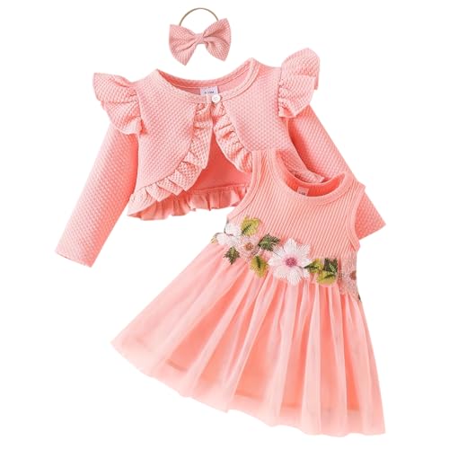 IDOPIP Baby M�dchen Kleid Strickjacke Sets 3 St�ck Neugebore Kleidung Mantel+Kleid+Stirnband Fr�hling Sommer Herbst Winter Langarm Jacke �rmellos Kleid f�r Hochzeit Weihnachten rosa 3-6Monate von IDOPIP
