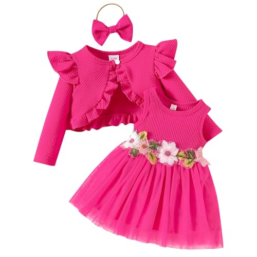 IDOPIP Baby M�dchen Kleid Strickjacke Sets 3 St�ck Neugebore Kleidung Mantel+Kleid+Stirnband Fr�hling Sommer Herbst Winter Langarm Jacke �rmellos Kleid f�r Hochzeit Weihnachten rosenrot 9-12Monate von IDOPIP
