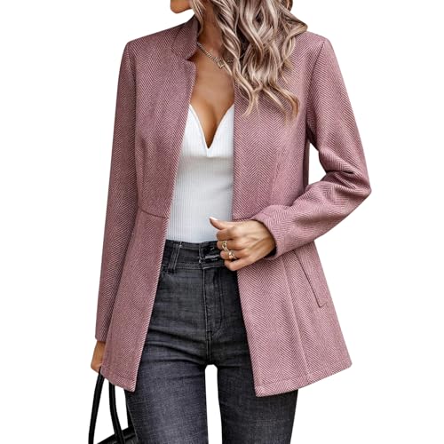 IDOPIP Blazer Damen Langarm Stehkragen Casual Tweed Jacke Herbst Winter mit Taschen Vorne offen Anzug Elegant Vintage Mantel Open Front Outdoorjacke Jackett Women Business Büro Freizeit rosa L von IDOPIP
