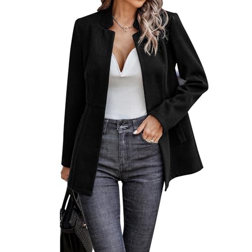 IDOPIP Blazer Damen Langarm Stehkragen Casual Tweed Jacke Herbst Winter mit Taschen Vorne offen Anzug Elegant Vintage Mantel Open Front Outdoorjacke Jackett Women Business Büro Freizeit schwarz XL von IDOPIP