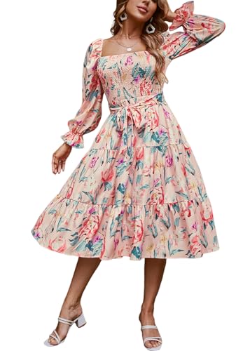 IDOPIP Blume Freizeitkleid Damen Langarm Boho Kleid Frühling Sommer Herbst Winter Sexy Strandkleid Rüsche Partykleid Elegant für Hochzeit Hohe Taille Casual Midikleid Dresses for Women rosa S von IDOPIP