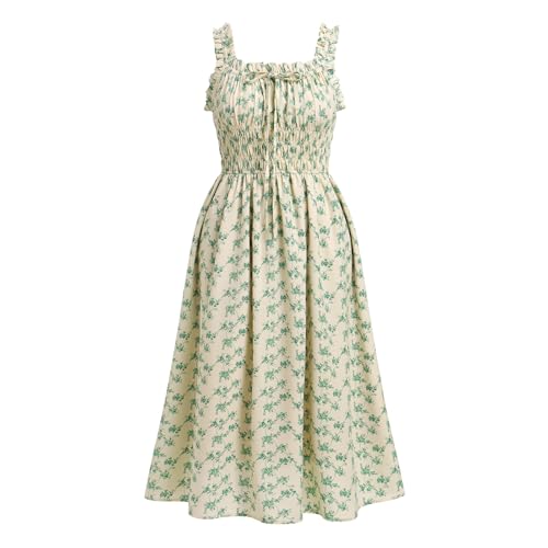 IDOPIP Boho Kleid Damen Sommer Blumenkleid Spaghettiträger Ärmellos Knielang Freizeitkleid Strandkleid Midikleid Sonnenkleid Für Strand Urlaub Alltag grün S von IDOPIP