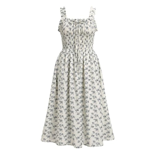 IDOPIP Boho Kleid Damen Sommer Blumenkleid Spaghettiträger Ärmellos Knielang Freizeitkleid Strandkleid Midikleid Sonnenkleid Für Strand Urlaub Alltag weiß M von IDOPIP