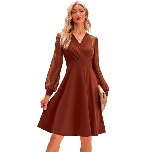 IDOPIP Cocktailkleid Damen Mesh Polka Dot Langarm V-Ausschnitt Abendkleid Elegant Hochzeit Hochzeitsgast Kleid A-Linie Swing Knielang Festliche Kleider Partykleid Braun M von IDOPIP