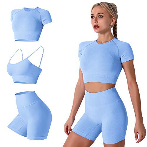 IDOPIP Damen 3teiliger Trainingsanzug Nahtlose Yoga Kleidung Kurzärmliger Crop-Top-Sport-BH und Shorts mit hoher Taille Laufbekleidung Sportanzüge Sportswear fur Gym Fitness Blau Large von IDOPIP