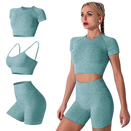 IDOPIP Damen 3teiliger Trainingsanzug Nahtlose Yoga Kleidung Kurzärmliger Crop-Top-Sport-BH und Shorts mit hoher Taille Laufbekleidung Sportanzüge Sportswear fur Gym Fitness Dunkelgrün S von IDOPIP