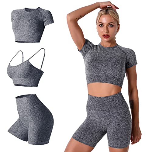 IDOPIP Damen 3teiliger Trainingsanzug Nahtlose Yoga Kleidung Kurzärmliger Crop-Top-Sport-BH und Shorts mit hoher Taille Laufbekleidung Sportanzüge Sportswear fur Gym Fitness Grau Medium von IDOPIP