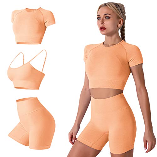 IDOPIP Damen 3teiliger Trainingsanzug Nahtlose Yoga Kleidung Kurzärmliger Crop-Top-Sport-BH und Shorts mit hoher Taille Laufbekleidung Sportanzüge Sportswear fur Gym Fitness Orange Large von IDOPIP