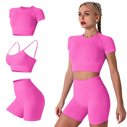 IDOPIP Damen 3teiliger Trainingsanzug Nahtlose Yoga Kleidung Kurzärmliger Crop-Top-Sport-BH und Shorts mit hoher Taille Laufbekleidung Sportanzüge Sportswear fur Gym Fitness Pink Medium von IDOPIP