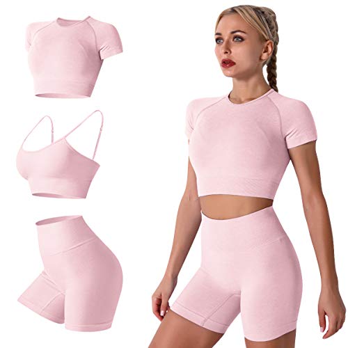 IDOPIP Damen 3teiliger Trainingsanzug Nahtlose Yoga Kleidung Kurzärmliger Crop-Top-Sport-BH und Shorts mit hoher Taille Laufbekleidung Sportanzüge Sportswear fur Gym Fitness Rosa Small von IDOPIP