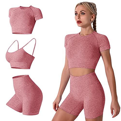 IDOPIP Damen 3teiliger Trainingsanzug Nahtlose Yoga Kleidung Kurzärmliger Crop-Top-Sport-BH und Shorts mit hoher Taille Laufbekleidung Sportanzüge Sportswear fur Gym Fitness Rot S von IDOPIP