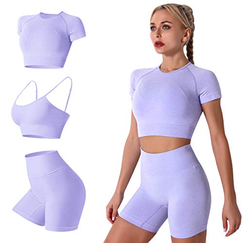 IDOPIP Damen 3teiliger Trainingsanzug Nahtlose Yoga Kleidung Kurzärmliger Crop-Top-Sport-BH und Shorts mit hoher Taille Laufbekleidung Sportanzüge Sportswear fur Gym Fitness Violett Medium von IDOPIP