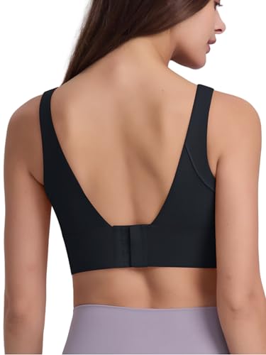 IDOPIP Damen BH ohne Bügel Sport-BH Nahtlos Gepolstert Top mit Verschluss Starker Halt Bra Tief V Rücken Bustier Seamless Bequem Soft Weich Modern Atmungsaktiv Große Größen schwarz XL von IDOPIP