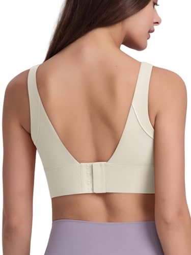 IDOPIP Damen BH ohne Bügel Sport-BH Nahtlos Gepolstert Top mit Verschluss Starker Halt Bra Schlaf BH Tief V Rücken Bustier Seamless Bequem Soft Weich Modern Atmungsaktiv Große Größen weiß L von IDOPIP
