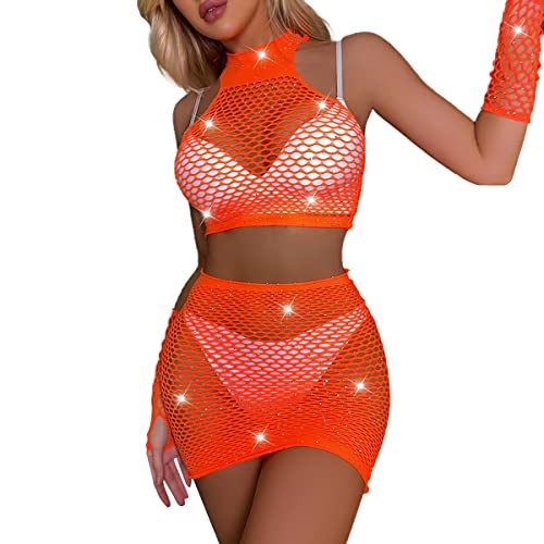 IDOPIP Damen Dessous-Sets Sexy Lingerie Fischnetz Babydoll Crop Top Mini Kleid Handschuhe Bikini Bademode Coverups Bodys Nachtwäsche Damen Sexy Unterwäsche Orange one Size von IDOPIP