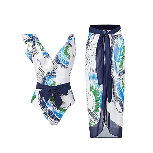 IDOPIP Damen Einteiler Badeanzug mit Strand Cover Up Wickelrock Sarong Retro Blumendruck Bikini Set Zweiteiliger Badeanzug, Blau (Blue Print), Medium von IDOPIP