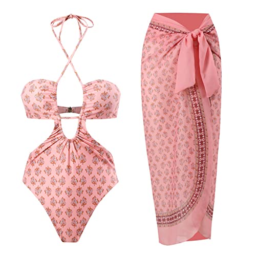 IDOPIP Damen Einteiler Badeanzug mit Strand Cover Up Wickelrock Sarong Retro Blumendruck Bikini Set Zweiteiliger Badeanzug, Rosa – Halfter, Medium von IDOPIP