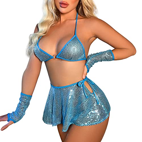 IDOPIP Damen Erotic Dessous Set 3 Stück Halter Bikini BH Top + Panty +Mini Röcke Sex Costumes Erotische Unterwäscshe Babydoll Sexy Lingerie Sets Blau S von IDOPIP