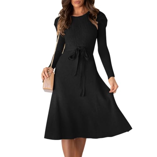 IDOPIP Damen Herbst Winter Pullover Kleid Pullover Langarm Elegant Strick Rundhalsausschnitt Midi Kleid, Schwarz , Large von IDOPIP