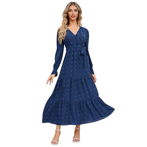 IDOPIP Damen Kleid Langarm Maxikleid mit Gürtel A-Linie V-Ausschnitt Freizeitkleid Casual Sommer Strandkleid Cocktailkleid Herbst und Winter Elegant Abendkleid Dresses for Women blau L von IDOPIP