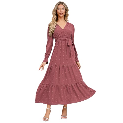IDOPIP Damen Kleid Langarm Maxikleid mit Gürtel A-Linie V-Ausschnitt Freizeitkleid Casual Sommer Strandkleid Cocktailkleid Herbst und Winter Elegant Abendkleid Dresses for Women rosa XL von IDOPIP