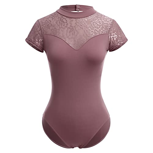 IDOPIP Damen Rollkragen Ballett Tanz Leotard Floral Spitze Kurzarm Rückenfrei Athletic Gymnastik Trikot mit Abnehmbarer Gepolsterter Tanzkleidung, Bean Pink, 46 von IDOPIP