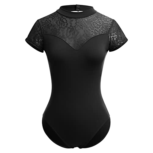 IDOPIP Damen Rollkragen Ballett Tanz Leotard Floral Spitze Kurzarm Rückenfrei Athletic Gymnastik Trikot mit Abnehmbarer Gepolsterter Tanzkleidung, Schwarz , 48 von IDOPIP