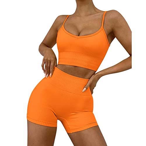 IDOPIP Damen Sportanzüge Jogginganzug Sport Sets Hoher Taille Leggings Shorts und Sport-BH Yoga Outfits 2-teilig Sportbekleidung für Gym Yoga Fitness #1 Orange L von IDOPIP