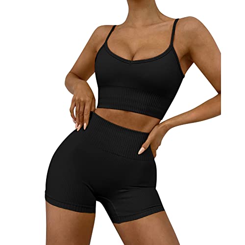 IDOPIP Damen Sportanzüge Jogginganzug Sport Sets Hoher Taille Leggings Shorts und Sport-BH Yoga Outfits 2-teilig Sportbekleidung für Gym Yoga Fitness #1 Schwarz S von IDOPIP