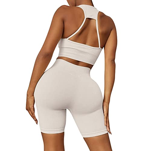 IDOPIP Damen Sportanzüge Jogginganzug Sport Sets Hoher Taille Leggings Shorts und Sport-BH Yoga Outfits 2-teilig Sportbekleidung für Gym Yoga Fitness #2 Beige L von IDOPIP