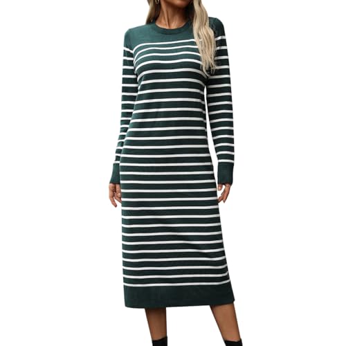 IDOPIP Damen Strickkleid Langarm Pulloverkleid Elegant Herbstkleid Winterkleid Gestreifter Midikleid mit Rundhalsausschnitt Casual Freizeitkleid Gestricktes Damenkleid grün L von IDOPIP