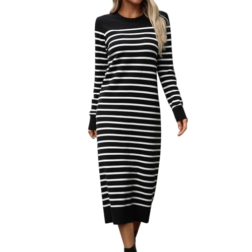 IDOPIP Damen Strickkleid Langarm Pulloverkleid Elegant Herbstkleid Winterkleid Gestreifter Midikleid mit Rundhalsausschnitt Casual Freizeitkleid Gestricktes Damenkleid schwarz S von IDOPIP