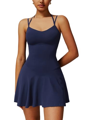 IDOPIP Damen Tenniskleid mit Hose für Sport: Schulterfrei Sommerkleid kurz Shorts mit Tasche und integriertem BH - Sommer Sportkleid für Tennis und Golf blau S von IDOPIP