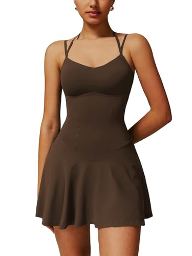 IDOPIP Damen Tenniskleid mit Hose für Sport: Schulterfrei Sommerkleid kurz Shorts mit Tasche und integriertem BH - Sommer Sportkleid für Tennis und Golf braun L von IDOPIP