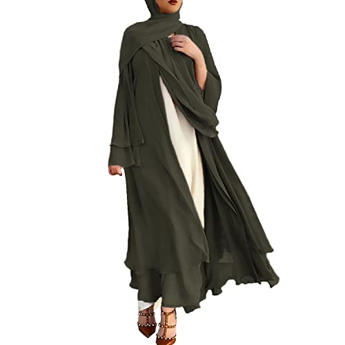 IDOPIP Gebetskleidung für Frauen Abaya Muslim Damen Muslimische Kleider Chiffon Langarm Offenes Kleid Islamische Arabisch Türkische Robe Jilbab Khimar Kaftan Lang Gebetskleid Armeegrün XXL von IDOPIP