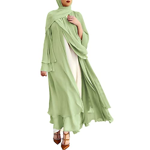 IDOPIP Gebetskleidung für Frauen Abaya Muslim Damen Muslimische Kleider Chiffon Langarm Offenes Kleid Islamische Arabisch Türkische Robe Jilbab Khimar Kaftan Lang Gebetskleid Hellgrün L von IDOPIP