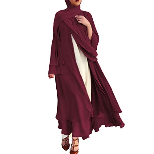 IDOPIP Gebetskleidung für Frauen Abaya Muslim Damen Muslimische Kleider Chiffon Langarm Offenes Kleid Islamische Arabisch Türkische Robe Jilbab Khimar Kaftan Lang Gebetskleid Weinrot XXL von IDOPIP